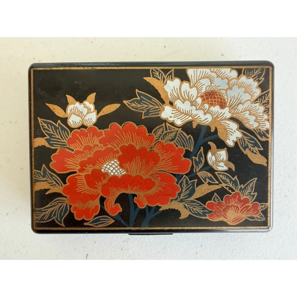 Vtg Japanese Black Lacquer Style Floral Compact w/Mirror Tissue Holder